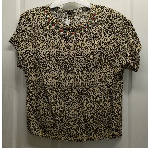 Vintage Laura & Jayne Women's Size 12 Leopard Cheetah Beaded Neck Rayon Top - Picture 1 of 6